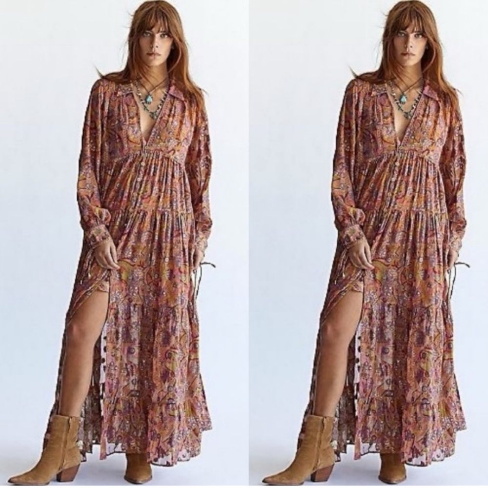 Free People Paisley Maxi Dress Silk Metallic